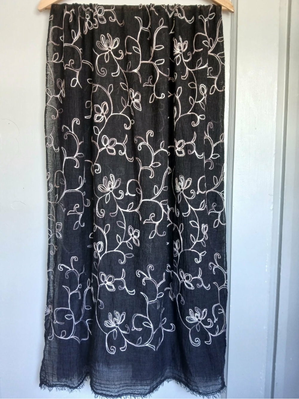 Black Floral Embroidered Rectangular Scarf Shawl